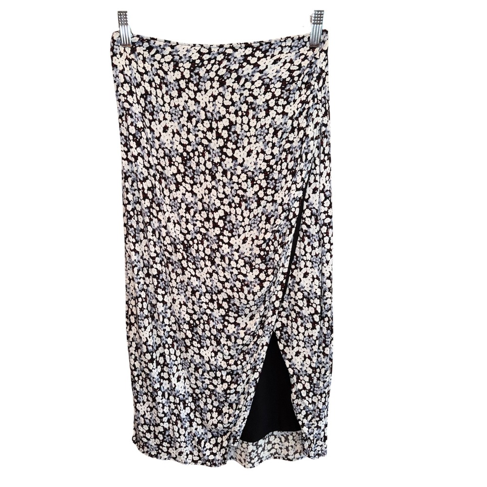 Abercrombie & Fitch Womens XS Ditsy Floral Wrap Midi Skirt Black‎ White Blue
